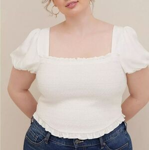 Torrid Off White Smocked Puff Sleeve Crop Top
